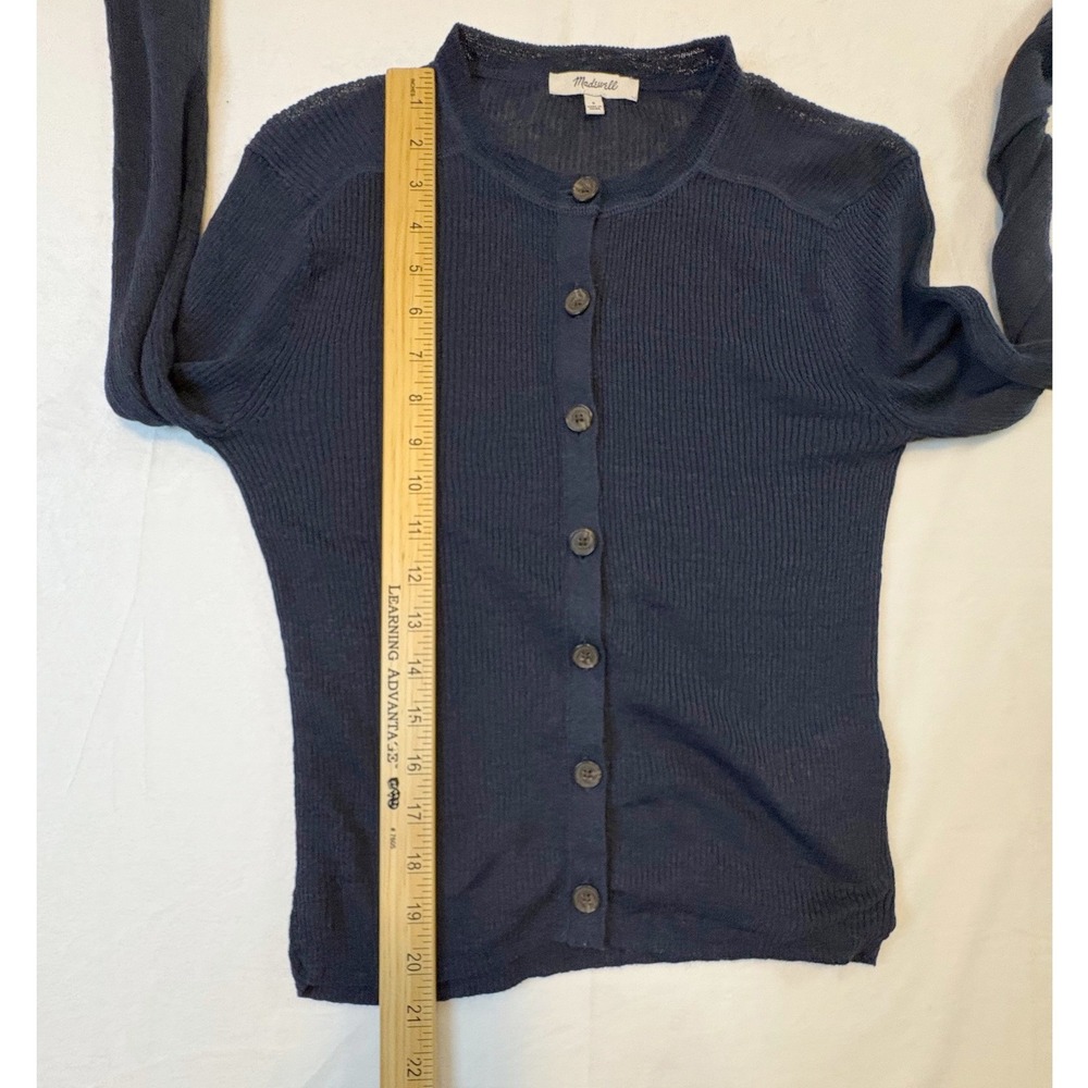 Madewell Cardigan Women S Navy Blue Linen Blend Ribbed Button Front Slim Fit - Picture 7 of 9